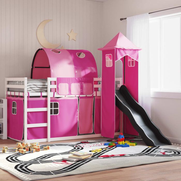 Bunkbed with Slide and Curtains Pink 90x190cm Single