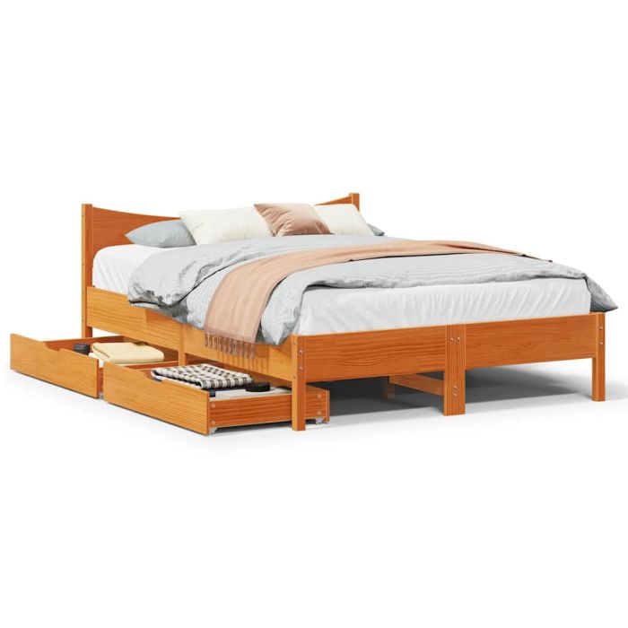 Bedframe with Drawers Wax Brown 150x200cm King Size Solid Wood Pine