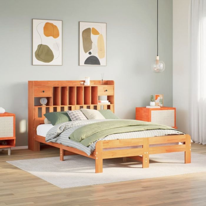 Bookcase Bed Wax Brown 150x200cm King Size Solid Wood Pine
