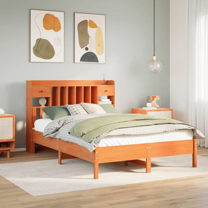 Bookcase Bed Wax Brown 135x190cm Double Solid Wood Pine