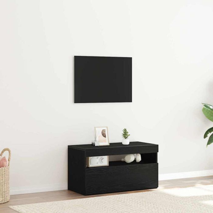 TV Stand with LED Lights - Black Oak - 75x35x40 cm - Made of Engineered Wood