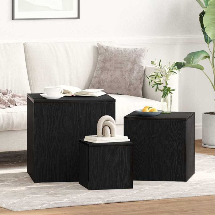 3 Piece Stackable Side Table Set Black Oak Engineered Wood