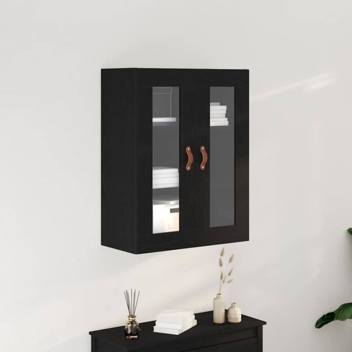 Wall-Mounted Cabinet with Glass Doors Black Oak 69,5x34x90 cm