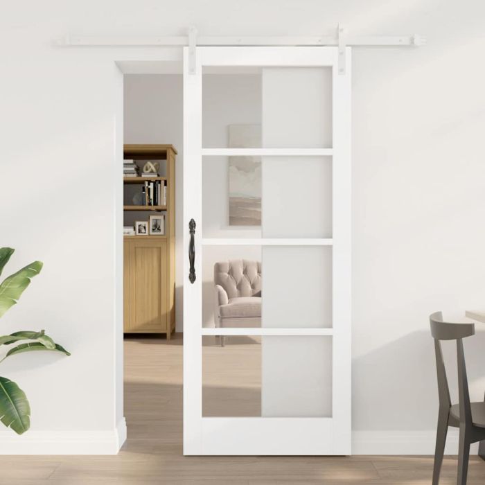 Sliding Door with Hardware Set 'ORKDAL'White Solid Wood & Glass