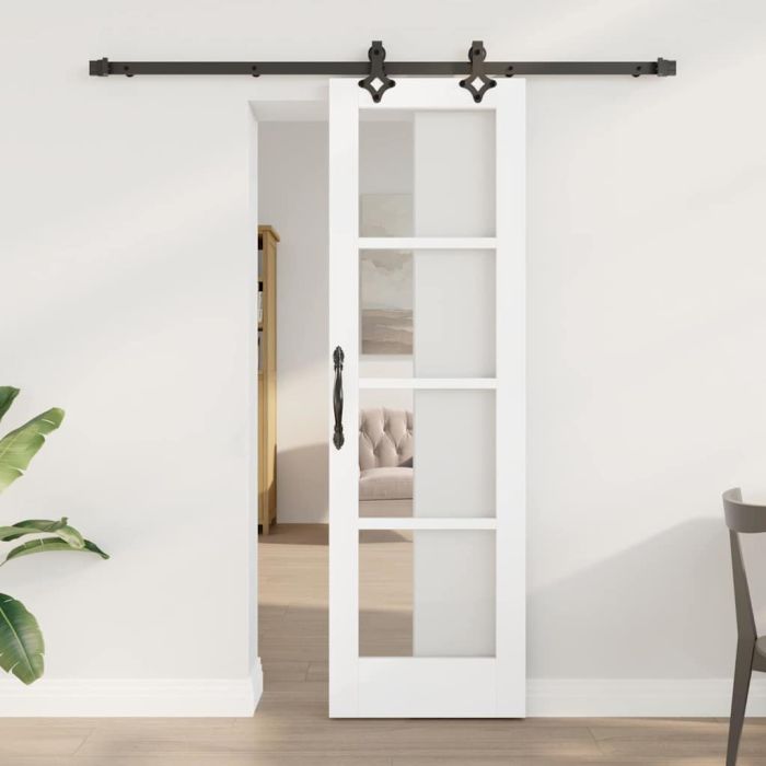 Sliding Door with Hardware Set "ORKDAL" White Solid Wood & Glass