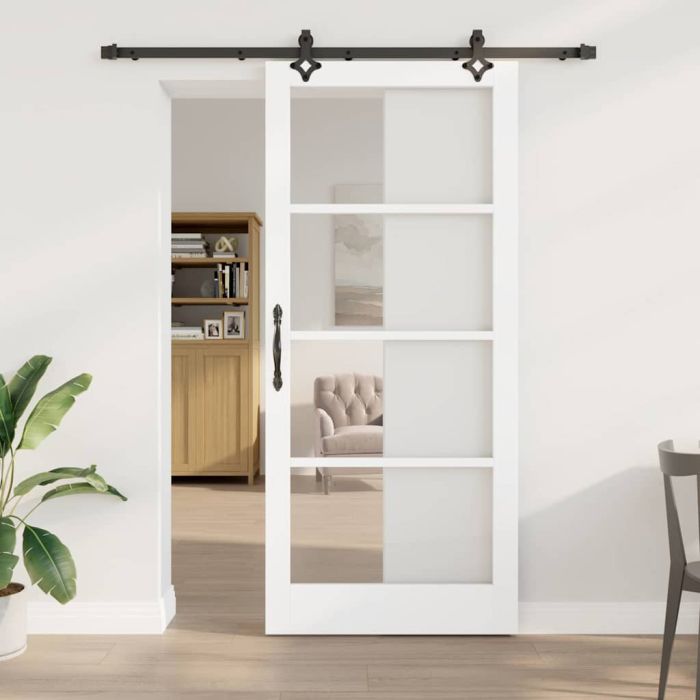 Sliding Door with Hardware Set "ORKDAL" White Solid Wood & Glass
