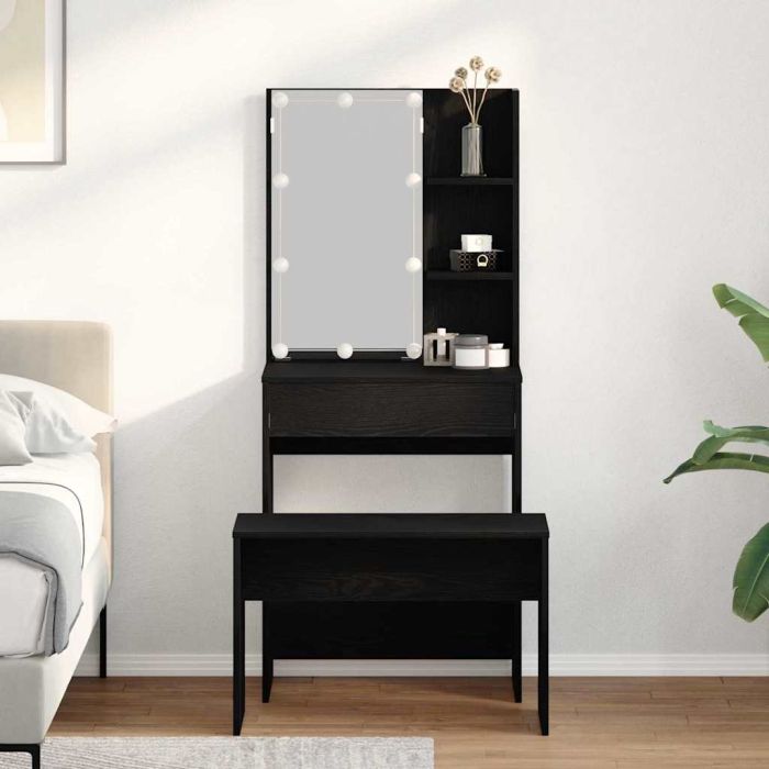 Dressing Table Set with LED Black Oak Engineered Wood