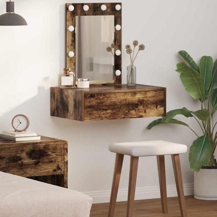Wall Hanging Dressing Table with LED Lights in Smoked Oak