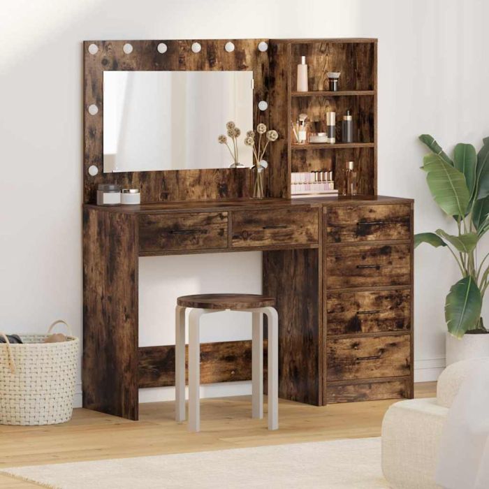 2 Piece Dressing Table Set with LED Smoked Oak Engineered Wood