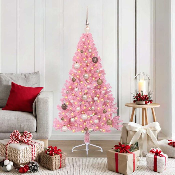 EMBERI Artificial Pre-lit Christmas Tree with 150 LEDs Pink 150 cm PVC