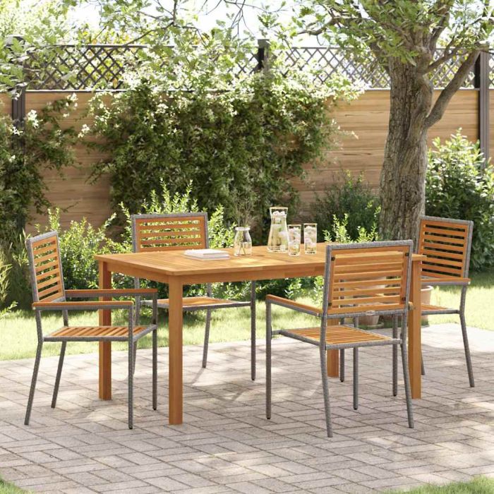 5 Piece Garden Dining Set Grey Poly Rattan Acacia