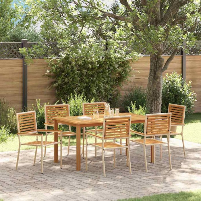 7 Piece Garden Dining Set Beige Poly Rattan Acacia