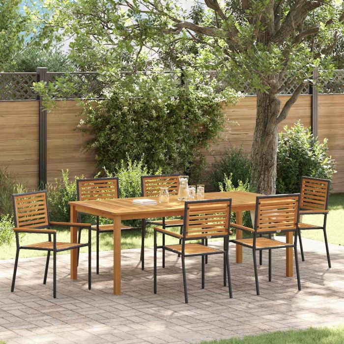 7 Piece Garden Dining Set Black Poly Rattan Acacia
