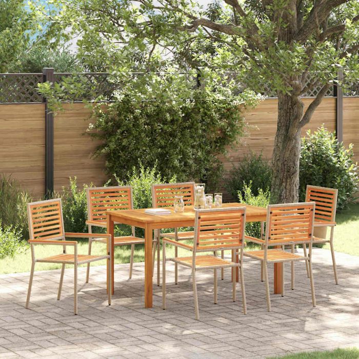 7 Piece Garden Dining Set Beige Poly Rattan Acacia