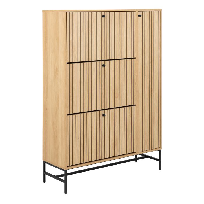 ARISTA Shoe Cabinet 3 Flip Down Doors 1 Pull Open Door in Oak/Black Legs