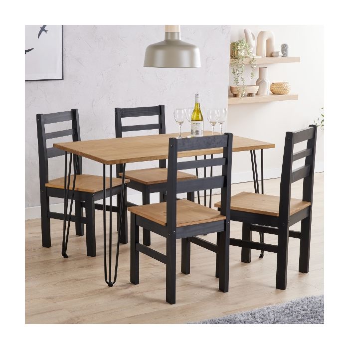 Alessia Large Dining Table with 6 Chairs - Antique Waxed Pine and Black