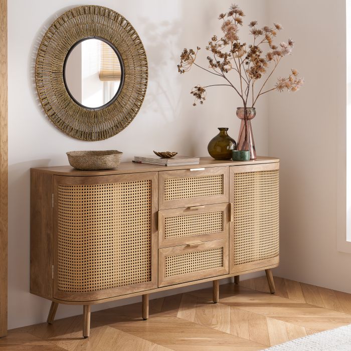 OTHLYN 2 Door Rattan Sideboard with 3 Drawers - Oak