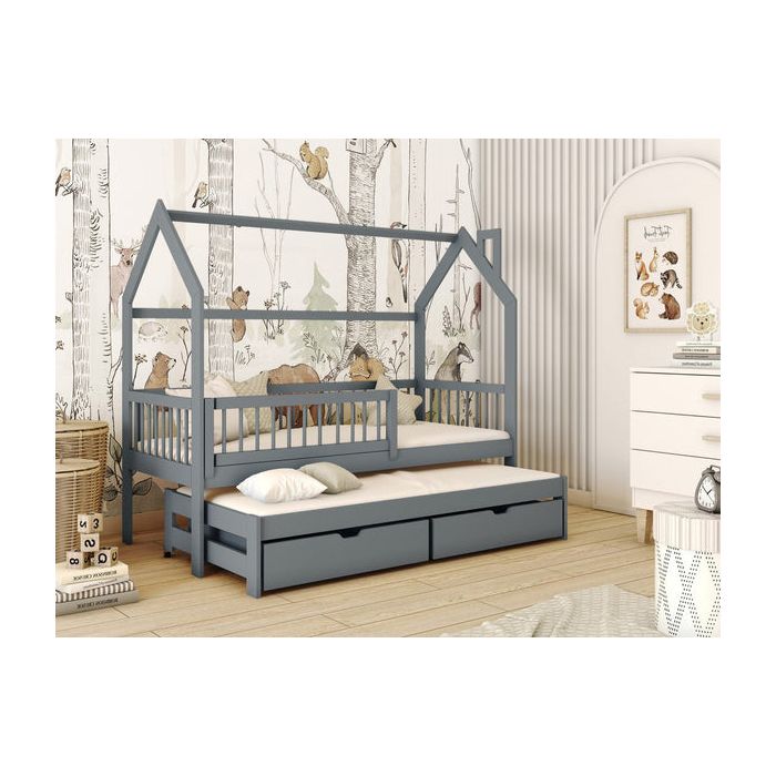 Single Bed - HOSTON Wooden 3ft Bed with Trundle and Foam Mattresses Graphite