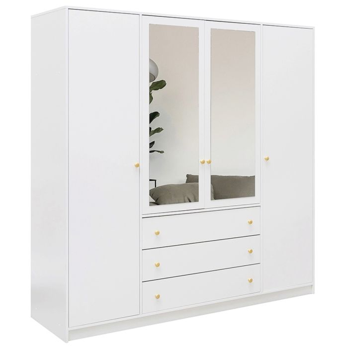 ELVIRO 4 Door Mirrored Wardrobe with 3 Drawers White - 196cm
