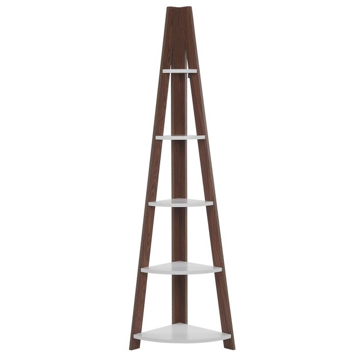4 Tier Corner Ladder Shelf Dark Wood and White MOBILE SOLO