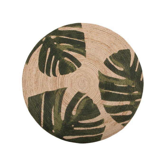 Round Area Rug Monstera Leaf Pattern 140cm Beige with Green