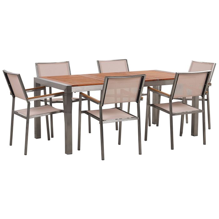 6 Seater Garden Dining Set Eucalyptus Wood Top with Beige Chairs GROSSETO