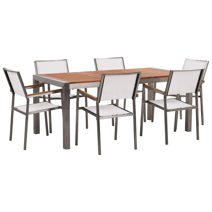 6 Seater Garden Dining Set Eucalyptus Wood Top with White Chairs GROSSETO