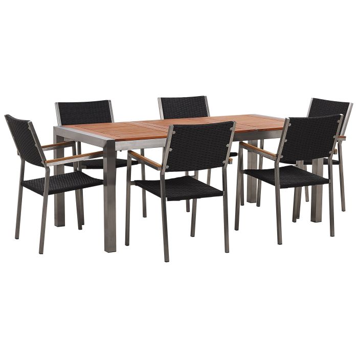 6 Seater Garden Dining Set Eucalyptus Wood Top with Black Rattan Chairs GROSSETO