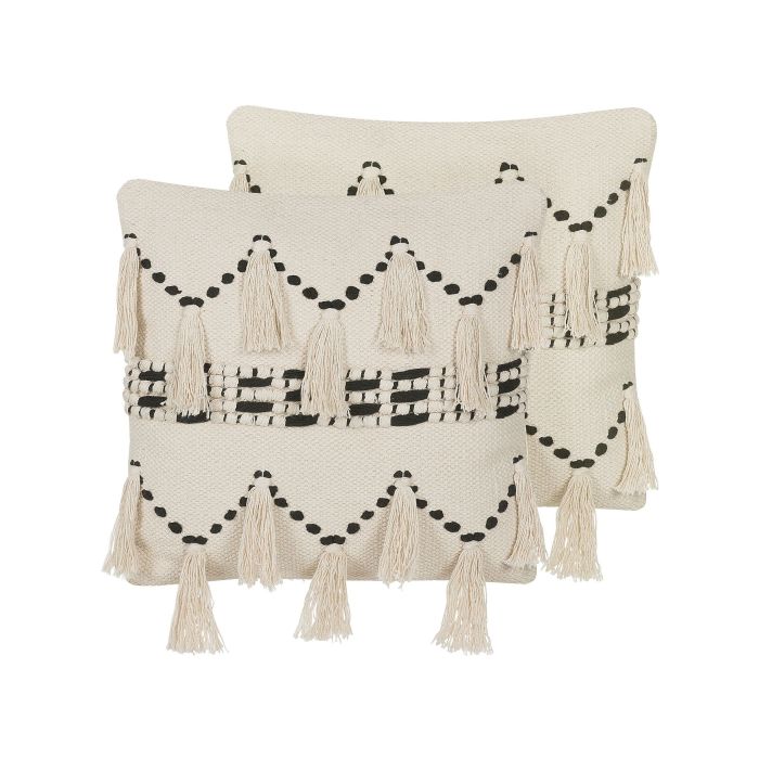 Set of 2 Cotton Cushions with Tassels 45x45cm Beige and Black