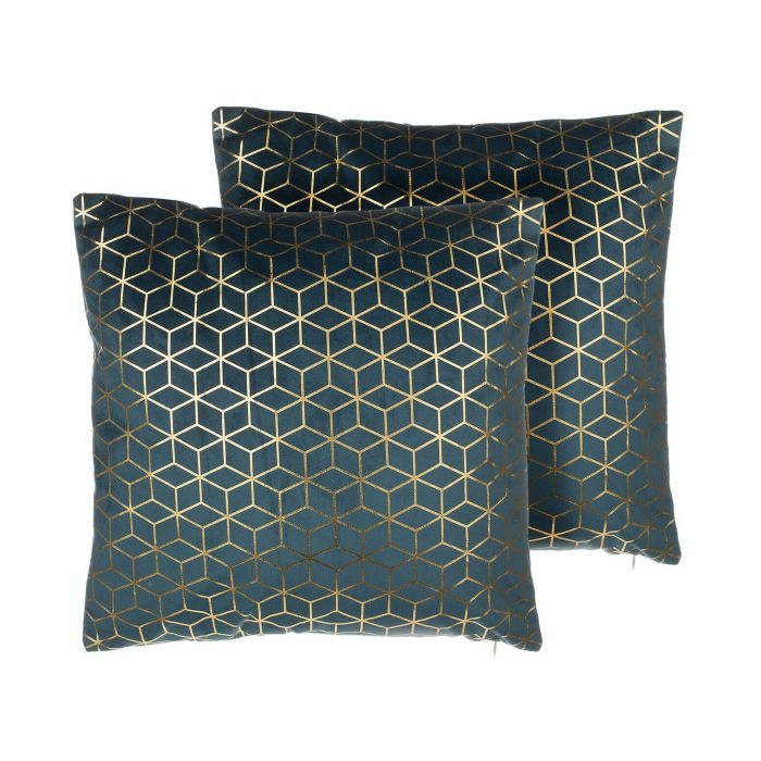 Set of 2 Velvet Cushions Geometric Pattern 45x45cm Teal Blue