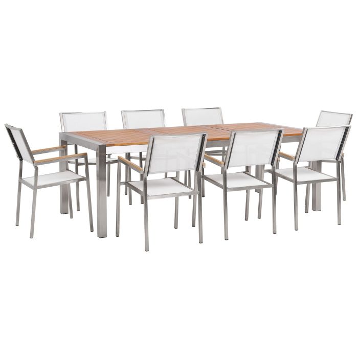 8 Seater Garden Dining Set Eucalyptus Wood Top with White Chairs GROSSETO