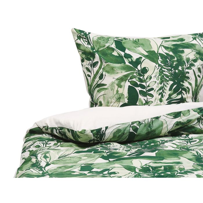 Cotton Sateen Duvet Cover Set Leaf Pattern 155 x 220 cm White and Green GREENWOOD