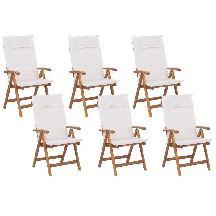 Set of 6 Acacia Wood Garden Folding Chairs with Off-White Cushions JAVA