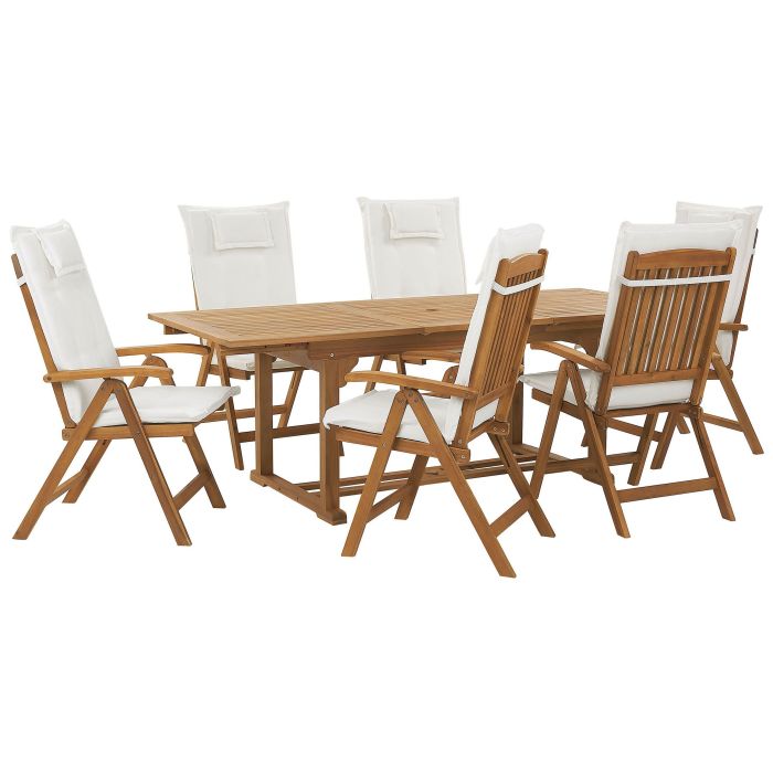 6 Seater Acacia Wood Garden Dining Set with Off-White Cushions JAVA