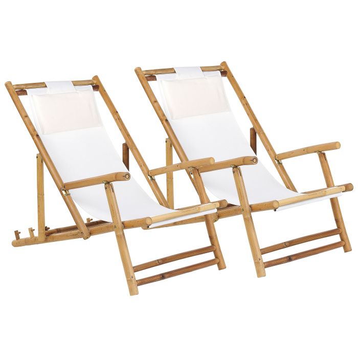 Set of 2 Bamboo Sun Loungers Light Wood and Off-White ATRANI