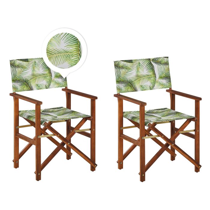 Set of 2 Acacia Folding Chairs and 2 Replacement Fabrics Dark Wood with Off-White / Tropical Leaves Pattern CINE