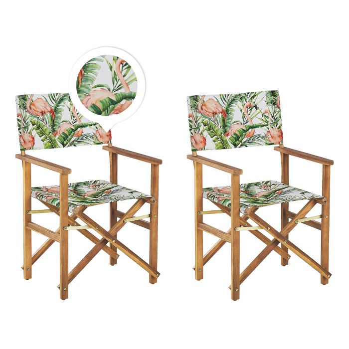 Set of 2 Acacia Folding Chairs and 2 Replacement Fabrics Light Wood with Off-White / Flamingo Pattern CINE