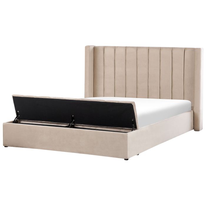 Velvet EU Super King Size Bed with Storage Bench Beige NOYERS