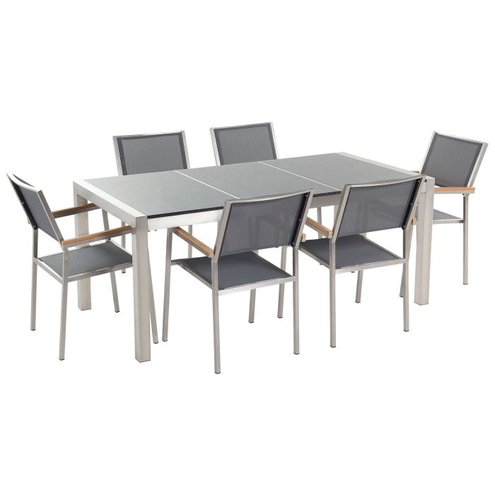6 Seater Garden Dining Set Grey Granite Triple Plate Top with Grey Chairs GROSSETO