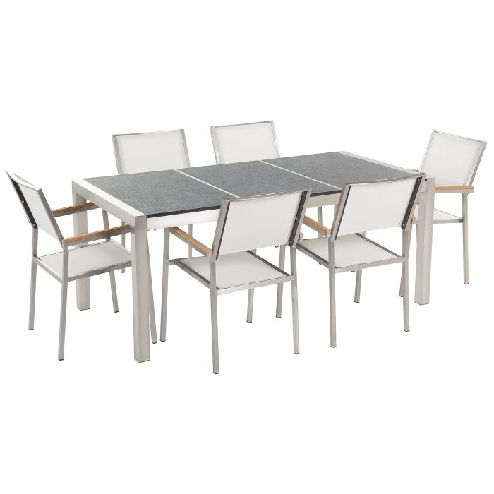 6 Seater Garden Dining Set Black Basalt Top White Chairs GROSSETO