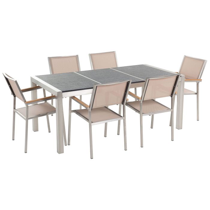 6 Seater Garden Dining Set Black Basalt Top Beige Chairs GROSSETO