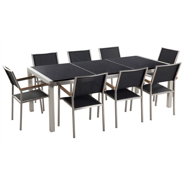 8 Seater Garden Dining Set Black Granite Top and Black Chairs GROSSETO