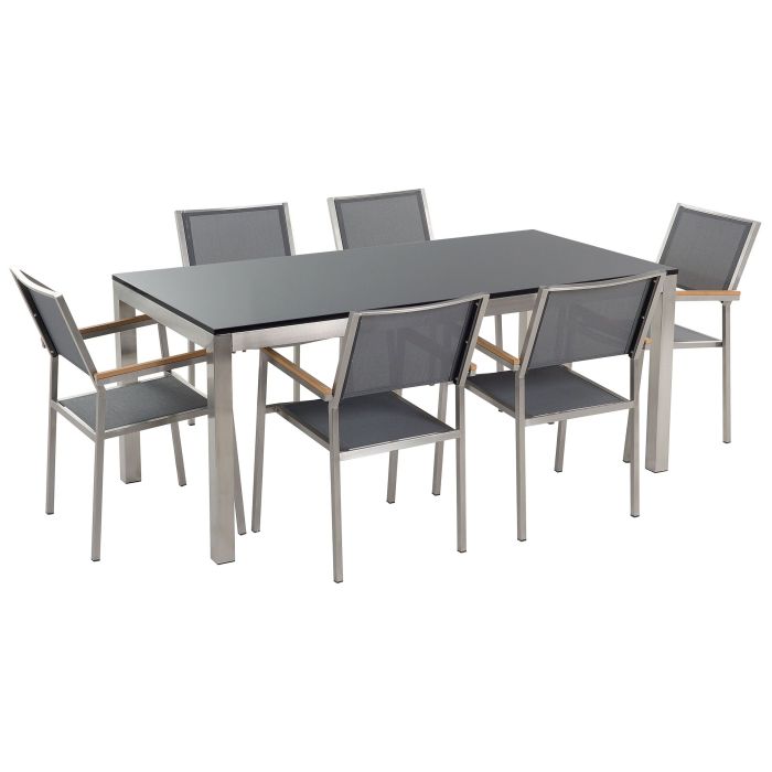 6 Seater Garden Dining Set Black Granite Top with Grey Chairs GROSSETO