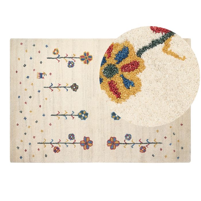 Wool Gabbeh Area Rug with Floral Pattern 140x200cm Beige