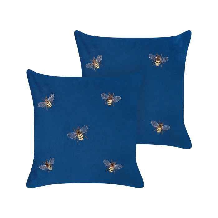Set of 2 Embroidered Velvet Cushions Bees Motif 45x45cm Blue