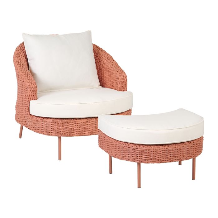 PE Rattan Garden Armchair with Ottoman Pink ARCILLE