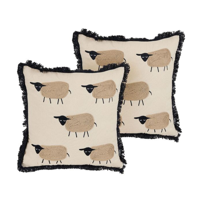 Set of 2 Fringed Cushions Sheep Motif 45x45cm Beige