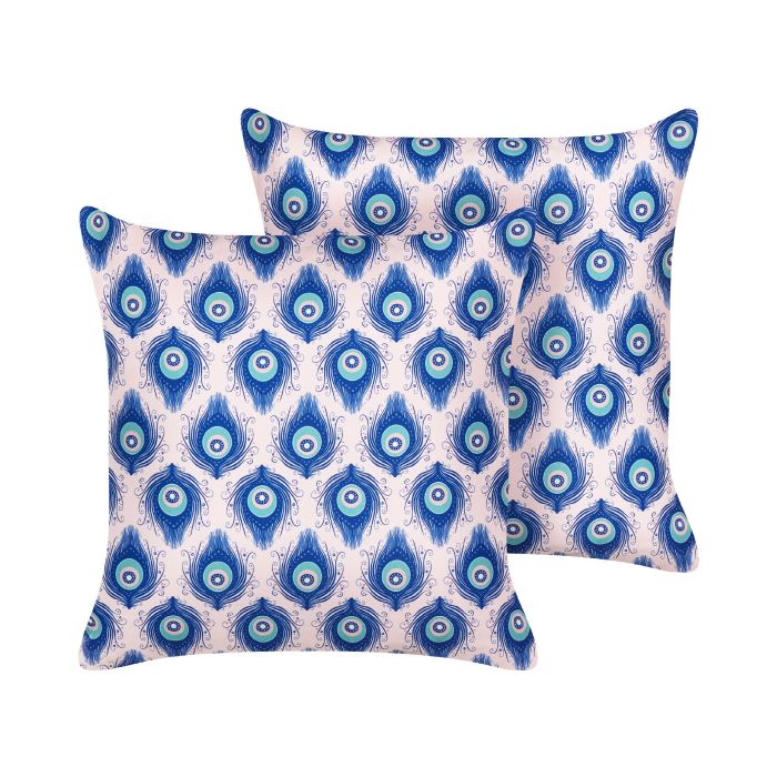 Set of 2 Outdoor Cushions Peacock Pattern 45 x 45 cm Blue and Pink CERIANA