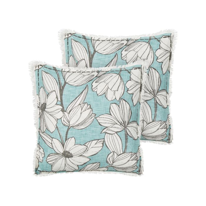 Set of 2 Fringed Cotton Cushions Floral Pattern 45x45cm White and Blue