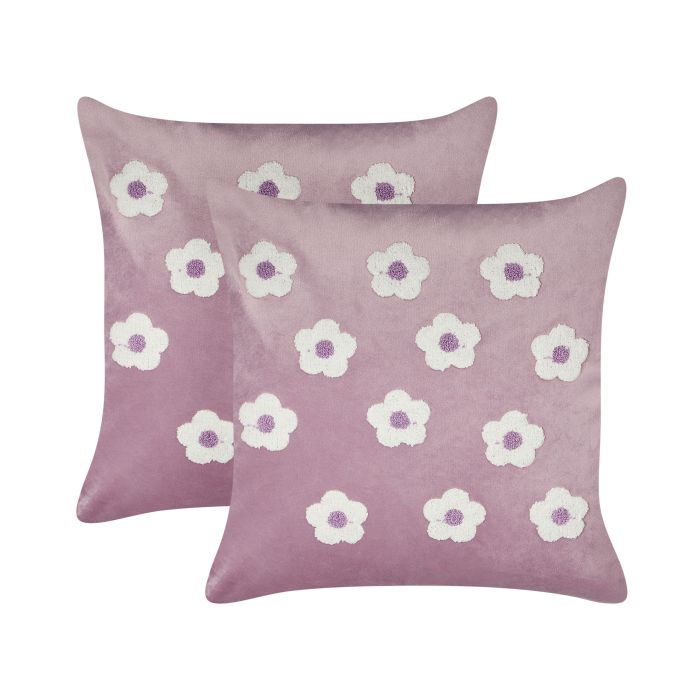 Set of 2 Velvet Embroidered Cushions Flowers Pattern 45x45cm Violet